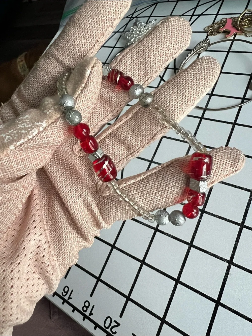 Handmade Red & Silver Glass Beaded Elastic Statement Bracelet